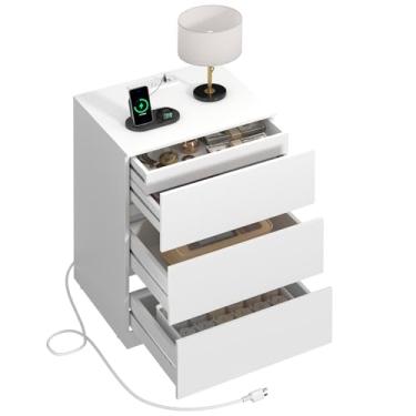 Imagem de Mesa de cabeceira, 4 gavetas, 66 cm A com gaveta oculta, mesa de cabeceira com estação de carregamento, suporte de cabeceira moderno para quarto, branco