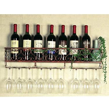 Imagem de Suporte de garrafa de vidro de vinho de metal montado na parede Suporte de taça de vinho suspenso | Prateleira organizadora de armazenamento de vinho de parede (Cor: Preto Tamanho: 50 × 10 × 17 cm)