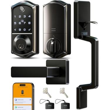 Imagem de Veise VE017-D Conjunto de fechadura de porta frontal inteligente com impressão digital, controle de aplicativo, fechadura de entrada 7 em 1 sem chave com alavanca, porta de alimentação de emergência