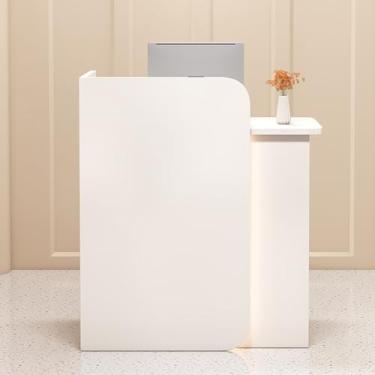 Imagem de Mesa de recepção moderna, balcão de caixa de varejo, mesa de recepção com luzes LED, balcão frontal com gaveta com trava, para supermercado, loja de conveniência, hotel, lobby e escritório (branca)
