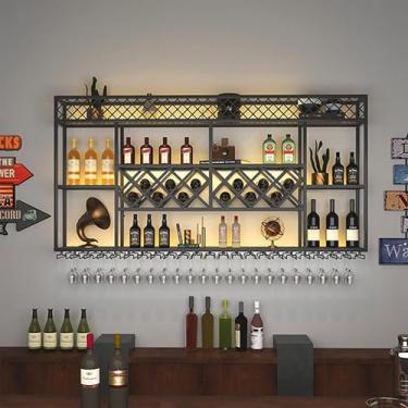 Imagem de Rack de armazenamento de vinho moderno grande montado na parede com luz LED de metal montado na parede com suporte de copo de vinho prateleiras de vinho de parede flutuante bar garrafa de licor