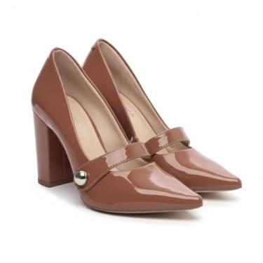 Imagem de Sapato Scarpin Feminino Verniz Salto Grosso 9cm Bico Fino com Tira Dourada – Confortável, Antiderrapante (Caramelo, BR, Adulto, Numérico, 38)