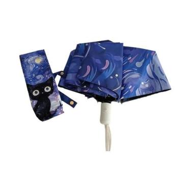 Imagem de Guarda-chuva Dobrável Feminino Azul Verde Roxo Com Estampa De Gato Car