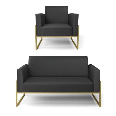 Imagem de Sofá Namoradeira Com Poltrona Base Industrial Alta Dourado Marisa Corino D03 - D\'rossi Cor Preto