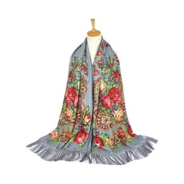 Imagem de Lenço Estampado Floral Estilo Russo Feminino Retrô Com Franjas Xale Uc