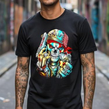 Imagem de Camisetas Basicas Masculinas Algodão Caveira Pirata Blusa Manga Curta 