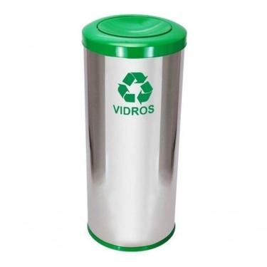 Imagem de Lixeira em Aço Inox com Tampa Meia Esfera 50 Litros 50L Abertura Basculante com Bandeja Interna Amarelo Azul