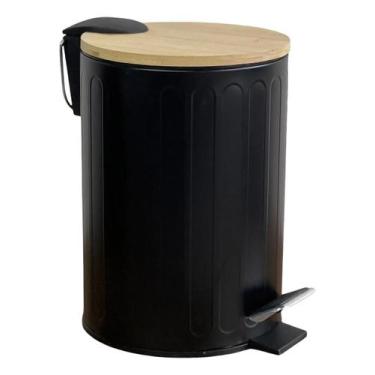 Imagem de Lixeira de Aço c/ Tampa Bambu Basic Preto 3 Litros - Mek