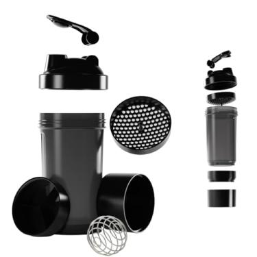 Imagem de Coqueteleira Shaker Academia Compartimento Suplementos Divisórias 500ml (Preta)