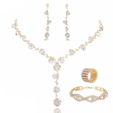 Imagem de Ursumy Conjunto de joias para noivas, strass, gota, cristal, colar de casamento, brincos e pulseiras, para mulheres e meninas (5 peças), Metal, Strass