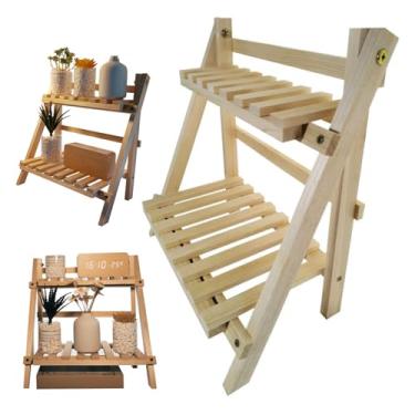 Imagem de Prateleira de de madeira de 2 camadas para unidade de prateleira de mesa 34X18X35Cm Suporte dobrável de de flor trapezoidal simples para jardim Sala de estar Quarto/3065