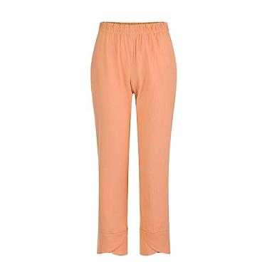 Imagem de Calça feminina de linho capri de verão calça elástica larga calça palazzo folgada casual confortável calça cropped leve, #A2-laranja, XXG