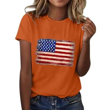Imagem de Camiseta feminina patriótica do Dia da Independência da Bandeira Americana 4 de julho de manga curta com estrelas listradas, Laranja, G