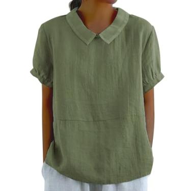 Imagem de Camisetas femininas casuais de verão de linho elegantes com gola túnicas de manga curta cor sólida para férias, Ag, P