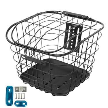 Imagem de YIJU Cesta de fio de bicicleta cesta dianteira traseira universal preto cesta para acampamento ao ar livre criança dobrável bicicletas acessórios, com placa inferior