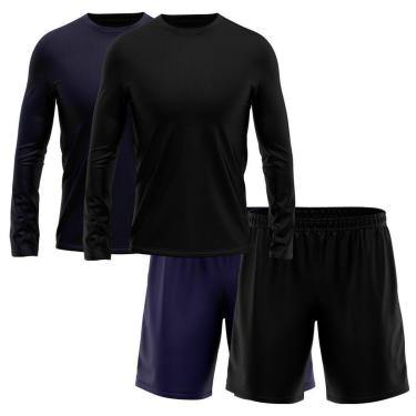 Imagem de Kit 2 Short Preto + 2 Camisetas Masculina Manga Longa Segunda Pele Esporte Treino-Masculino