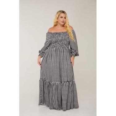 Imagem de Vestido Longo Xadrez Plus Size Manga 3/4 Meia Estação Moda Evangélica 