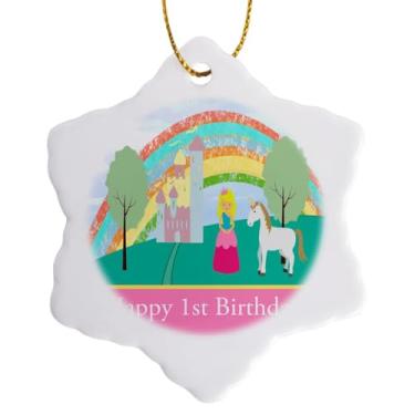 Imagem de 3dRose Princesa e unicórnio, árvore do castelo e arco-íris, enfeite de floco de neve feliz aniversário de 1 ano, 7,6 cm