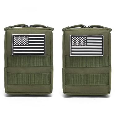 Imagem de Pacote com 2 bolsas Molle – colete para celular coldre cinto bolsa de cintura pacote EDC acessórios pequena bolsa utilitária com emblema de bandeira tático compacto resistente à água verde militar