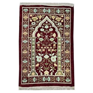 Imagem de Tapete muçulmano fino Salah Islã portátil Sajadah tapete de oração AMN-389 design floral tapete de viagem muçulmano Eid Ramadã presente (vermelho)