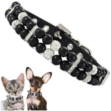 Imagem de Coleira de pérola para cães, colar de pérolas de gato com strass de luxo com contas de diamante, joia para gatinho para meninas pequenas, médias (preta, PP (pescoço para 14 a 20 cm)
