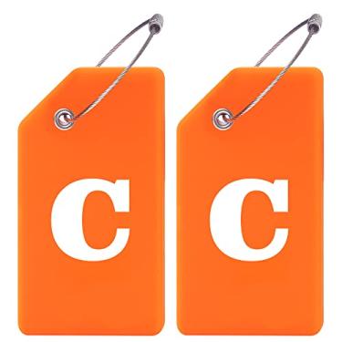 Imagem de Gostwo Pacote com 2 etiquetas de bagagem de silicone para malas, 26 etiquetas de bagagem com letra inicial, bolsa escolar, etiqueta de instrumento com laço de aço inoxidável (laranja) (letra C)