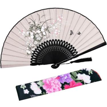 Imagem de STHUAHE Leque portátil para mulheres, dobrável, chinês, japonês, vintage, bambu, seda, leques dobráveis para decoração de igreja de casamento, festival de música de dança (Grey-Grassflowers)