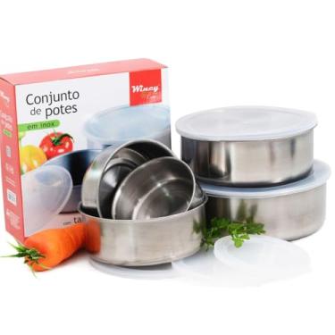 Imagem de Conjunto de Potes de Inox com Tampa Hermética, 5 Peças, Empilháveis