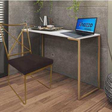 Imagem de Kit Escritório Clark Cadeira e Mesa Industrial Ferro Dourado Tampo mdf Branco Sintético Marrom - Ahz Móveis