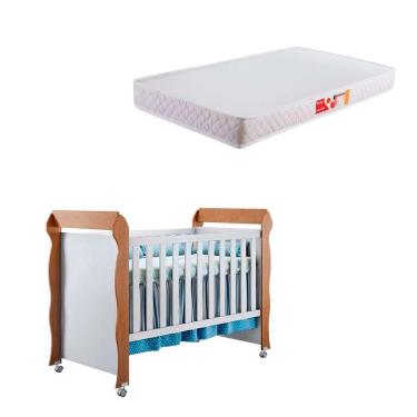 Imagem de Berço Minicama Mirelle Branco e Marrom com Colchão Infantil Baby Liso D18 (10x70x130) Branco
