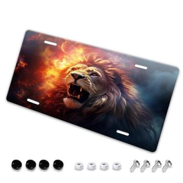 Imagem de Linda capa de placa de carro com pintura de leão de juba dourada - etiqueta de carro artística de alumínio, à prova de ferrugem, design exclusivo - 15 x 30 cm