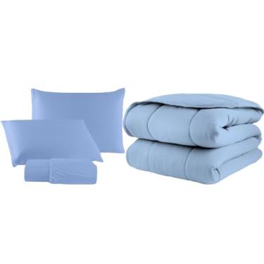 Imagem de Kit Edredom Liso de Malha 100% Algodão Dupla Face com Viés com Jogo de Lençol e Fronha com Zíper (Azul Bebe, Solteiro)
