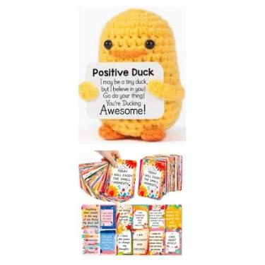 Imagem de Pato de pelúcia inspirador com 50 cartões de mensagem motivacionais, amarelo positivo de páscoa engraçado