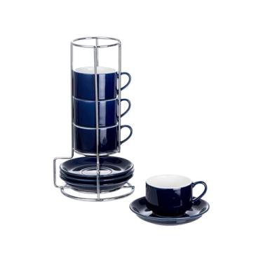 Imagem de CHILDIKE Copos de cappuccino de porcelana de 70,9 g com pires e suporte de prata, conjunto de 4 xícaras azuis profundas