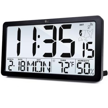 Imagem de TXL Relógio de parede atômico com luz de fundo, relógio de parede digital operado por bateria com temperatura, umidade e data, visor grande, horário de verão automático, 6 fusos horários (preto)