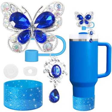 Imagem de Acessórios para copo Stanley, corrente de borboleta para Stumbler com alça, bota de silicone e capas de canudo decoração de coisas garrafa de água joias copo personalizado decoração etiqueta (azul