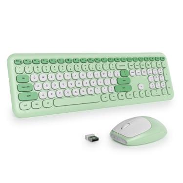 Imagem de surmen Teclado verde e mouse sem fio, lindo teclado de máquina de escrever sem fio, teclado silencioso fino de tamanho completo, teclas arredondadas, teclado estético para casa e escritório (verde