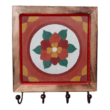 Imagem de Cabideiro Em Madeira Com Ladrilho Hidráulico Porta Chaves Roupas Bolsas Ladrilho F2