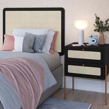 Imagem de Conjunto Cabeceira Solteiro 90cm E Mesa De Cabeceira 2 Gavetas Pé Metal Palhinha Oslo Nero/dourado