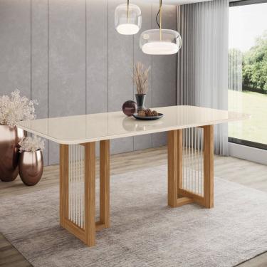 Imagem de Mesa De Jantar Com Tampo Mdf E Vidro Com Canto Arredondado 180 Cm Yara Nature- Off White