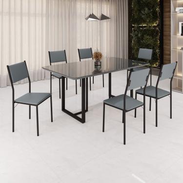 Imagem de Conjunto Sala De Jantar Mesa 160x90cm Base Lunna Tampo Mdf Laca Com Vidro Florença Grafite Preto