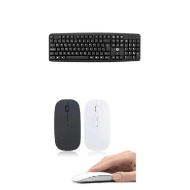 Imagem de Kit Teclado USB ABNT2 Preto com Mouse Sem Fio Óptico 2.4G, Design Slim, Preto/Branco