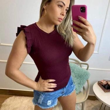 Imagem de blusa manga curta babado feminino malha canelada - Filó Modas, g, Azul