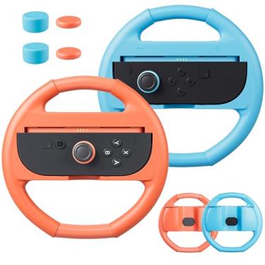 Imagem de FANPL Para volante Nintendo Switch 2, aderência confortável para controle JoyCon 2 de Mario Kart, com 4 tampas de polegar, melhora a experiência de corrida (azul-laranja)