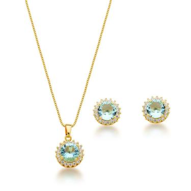 Imagem de Conjunto Colar E Brinco Ponto De Luz Azul Claro Banhado A Ouro 18k