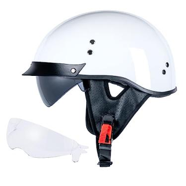 Imagem de Myamis Capacete De Motocicleta Half Helmet Masculino Feminino Adulto Com Certificação Dot E Casco Fibra Vidro Vintage Mh03 (Branco Brilhante, Tamanho G)