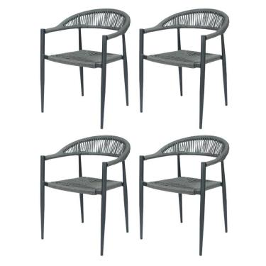 Imagem de Kit 4 Cadeiras Empilhável Laguna Trancoso Fratini Aluminio Preto Assento Trama Corda Náutica Preto