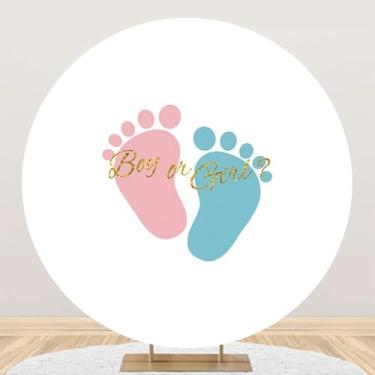 Imagem de Yeele 2,2 x 2,2 m, pano de fundo redondo revelador de gênero rosa e azul pegadas de chá de bebê menino ou menina fundo para fotografia de chá de bebê recém-nascido revelar suprimentos de chá de bebê