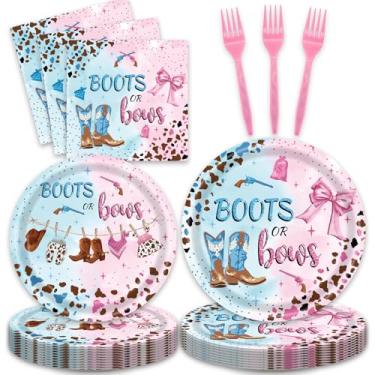 Imagem de Conjunto de 96 peças de decoração de festa reveladoras de gênero, botas ou laços, artigos de festa com pratos de jantar, pratos de sobremesa, guardanapos e garfos para 24 convidados