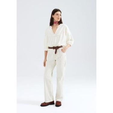 Imagem de Calça Feminina Wide Leg Listrada Cintura Média Em Sarja - Off white 044-Feminino